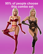 Wine red bra and thong lingerie set with choker, fuzzy gloves, and thigh-high stockings