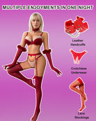 Wine red bra and thong with choker, fuzzy arm gloves, and thigh-high stockings
