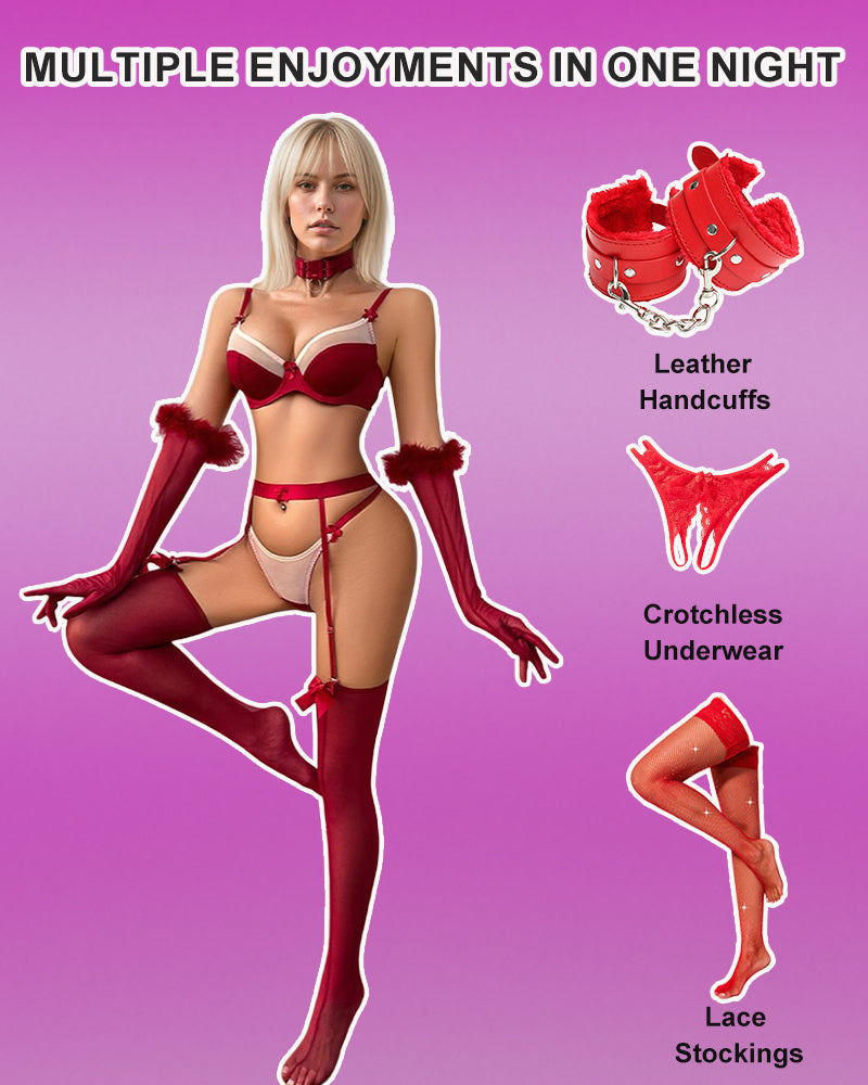 Wine red bra and thong with choker, fuzzy arm gloves, and thigh-high stockings
