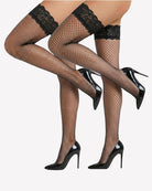 Fishnet sheer tights with lace top, black net with black lace cuffs