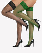 Fishnet sheer tights with lace top, green net with green lace cuffs