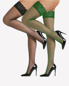 Fishnet tights set with lace cuffs, sheer black and green styles with diamond pattern