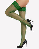 Green fishnet stockings with lace top band, sheer openwork grid