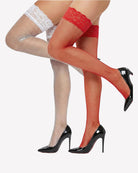 White and red fishnet stockings with lace bands, sheer mesh diamond pattern.