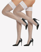 White fishnet stockings with lace welt, sheer grid pattern on legs.