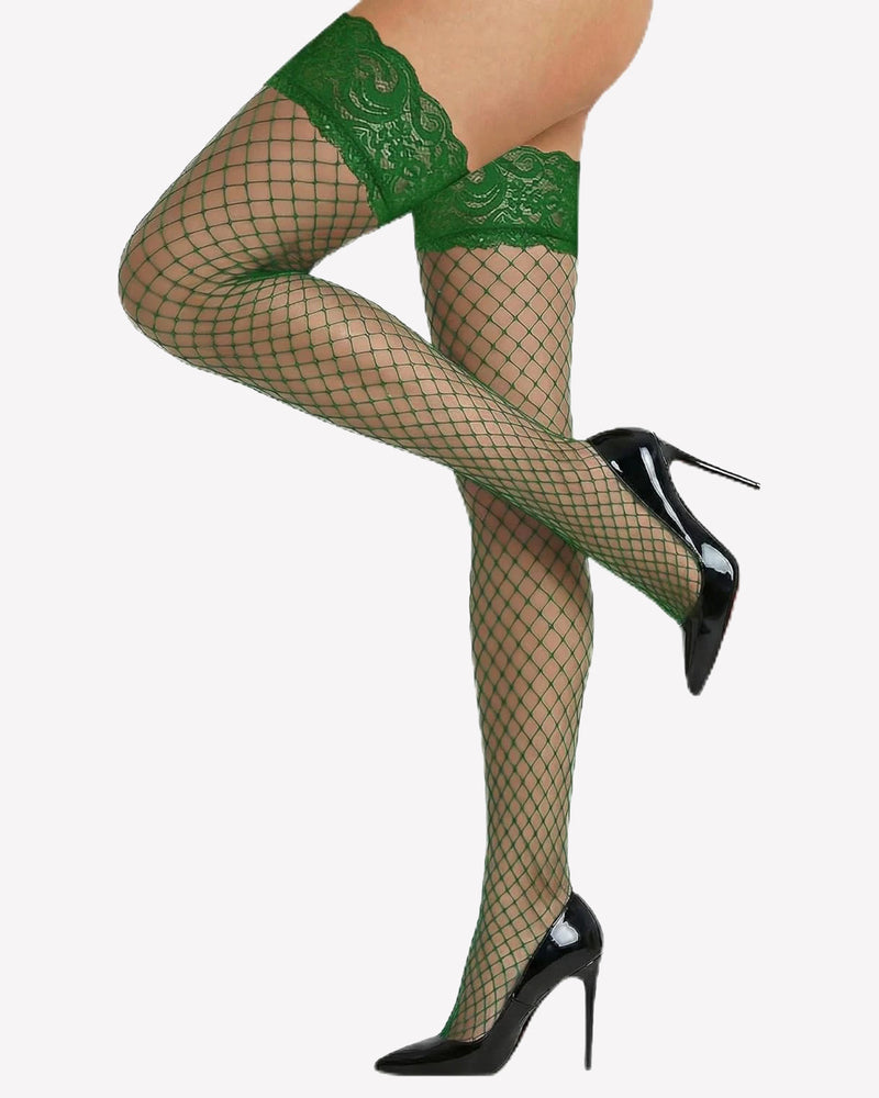 Green fishnet tights with lace thigh cuff, sheer grid knit