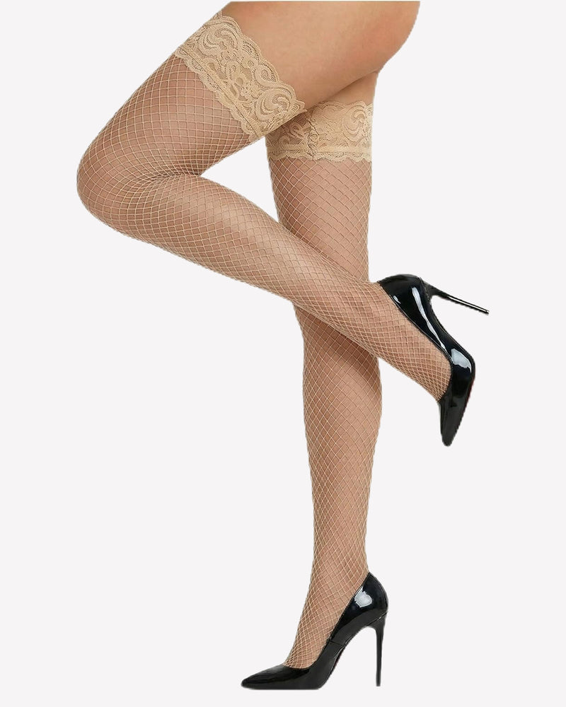 Beige fishnet sheer stockings with lace top band and open grid