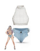 Light blue denim belted frayed-edge panties shown on a mannequin silhouette