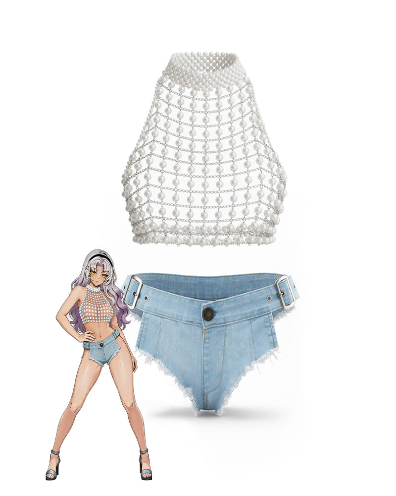 Light blue denim belted frayed-edge panties shown on a mannequin silhouette