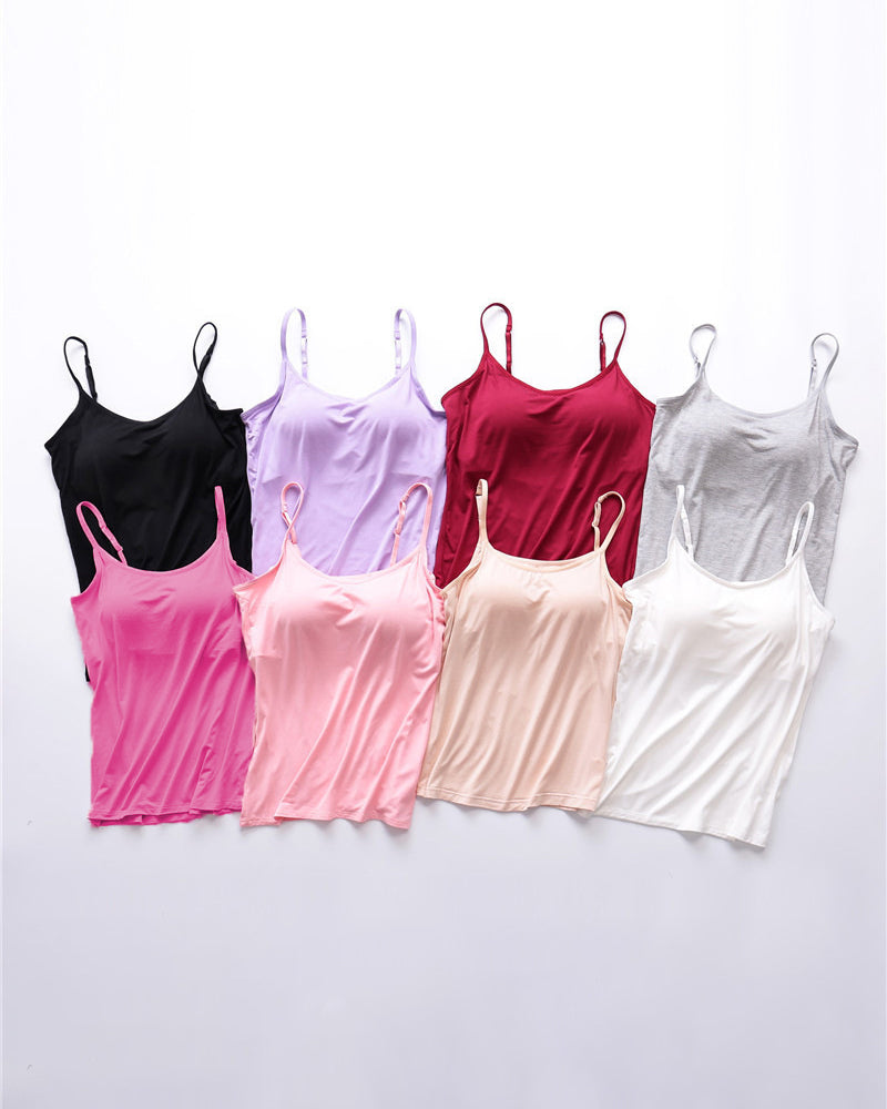 Built-in bra spaghetti strap tank tops, assorted colors on hangers