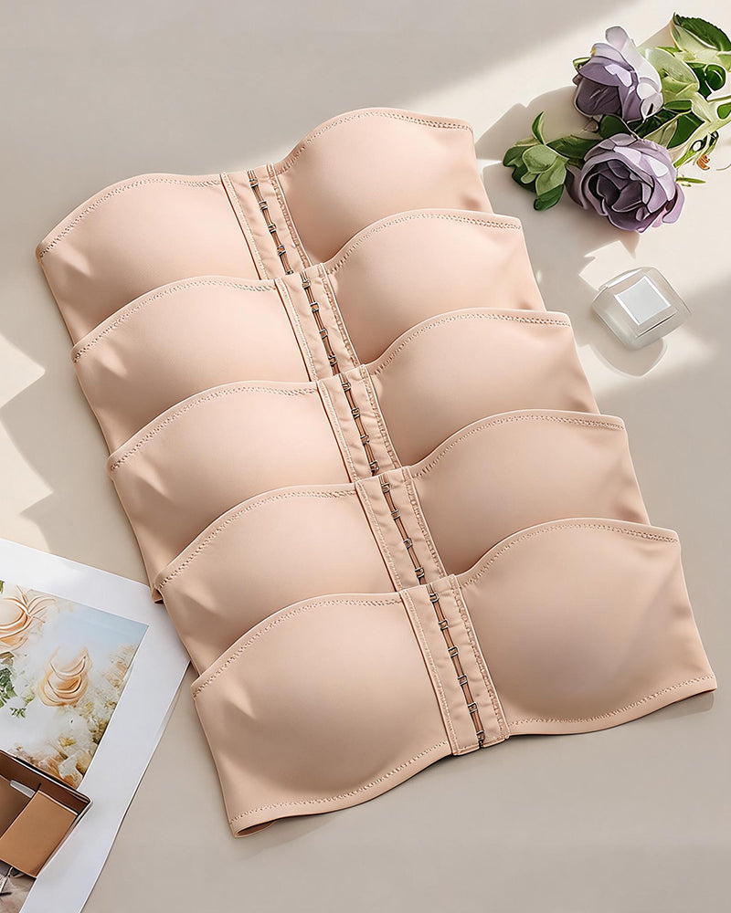 Strapless bandeau bra set, nude multi-row hook-front crop top
