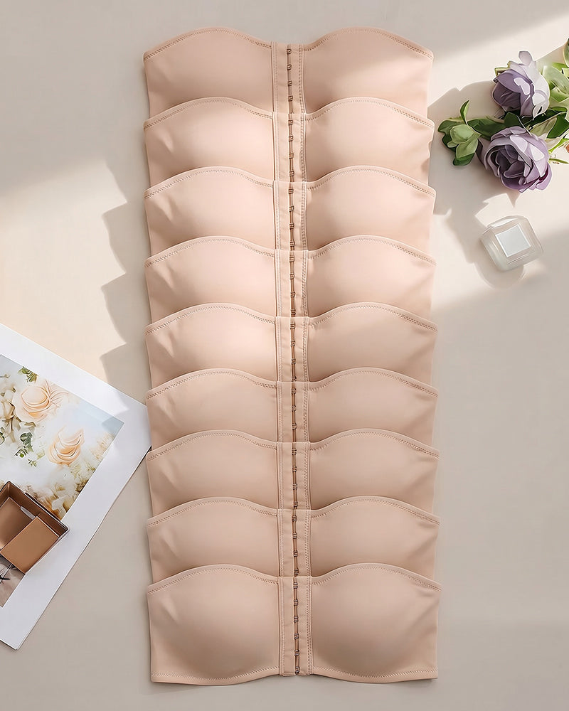 Strapless bandeau bra, light beige multi-row hook-front crop top