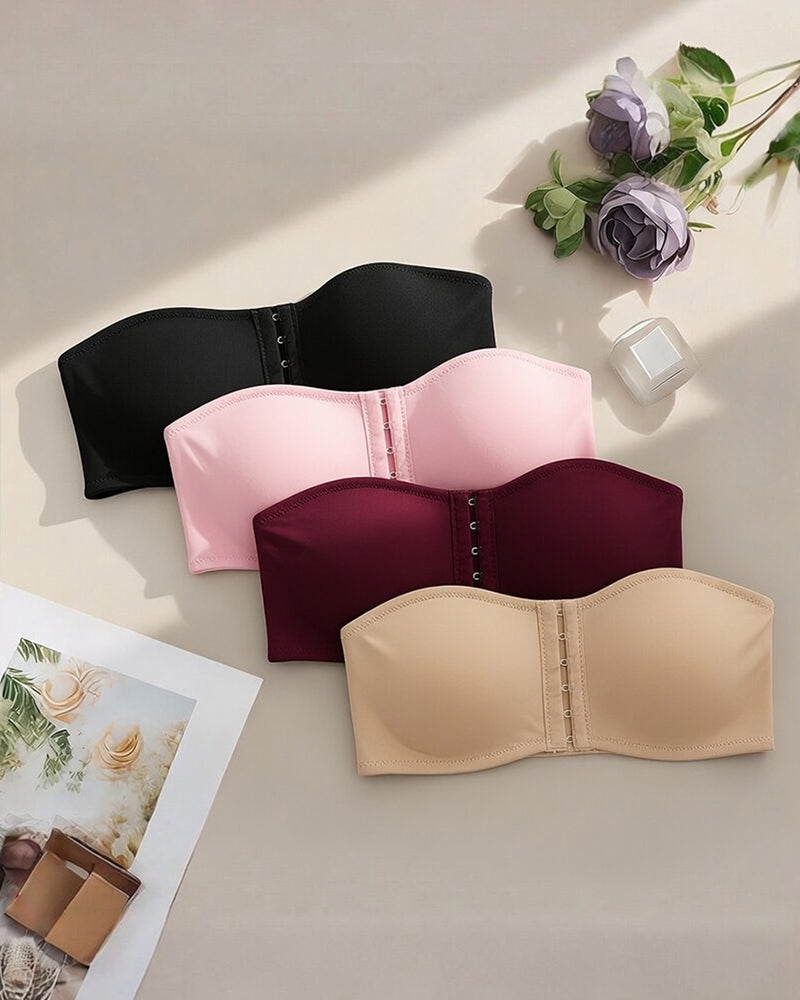 Strapless bandeau bra set, black pink burgundy beige hook-front crop tops