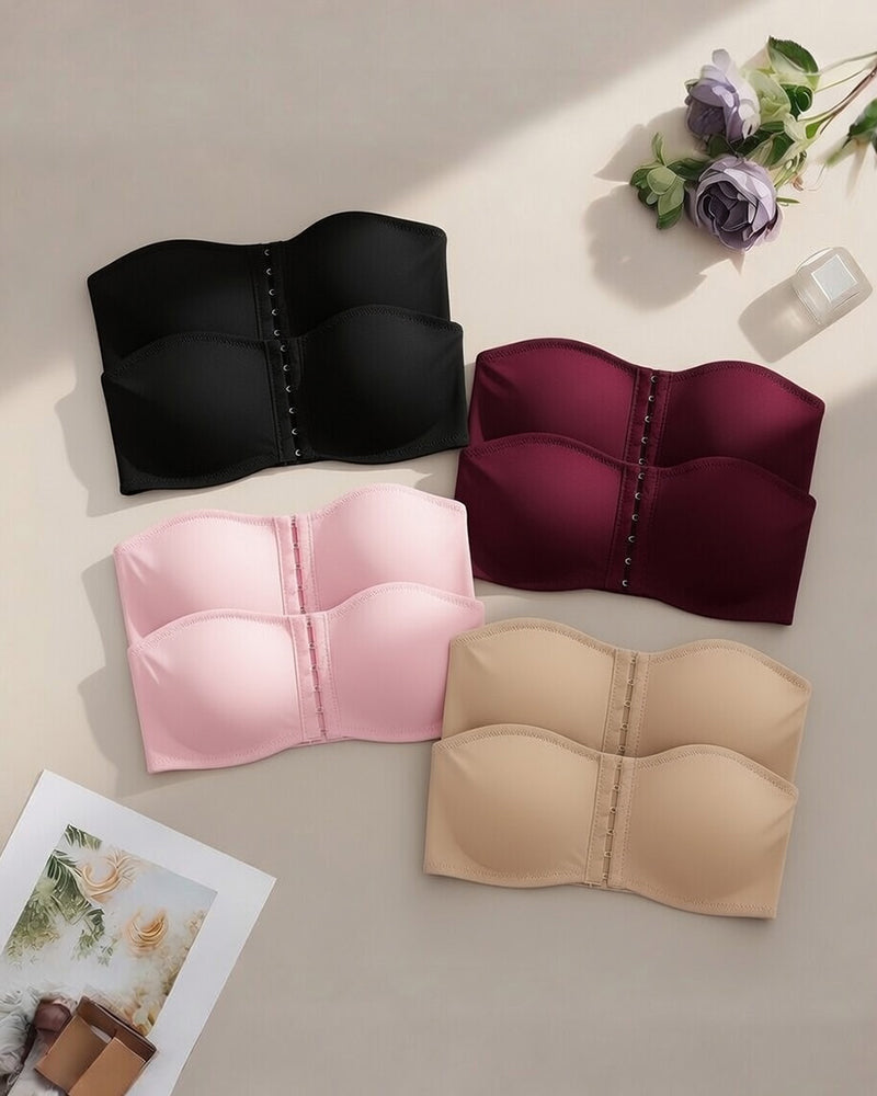 Strapless bandeau bra set, black pink burgundy beige hook-front crop tops