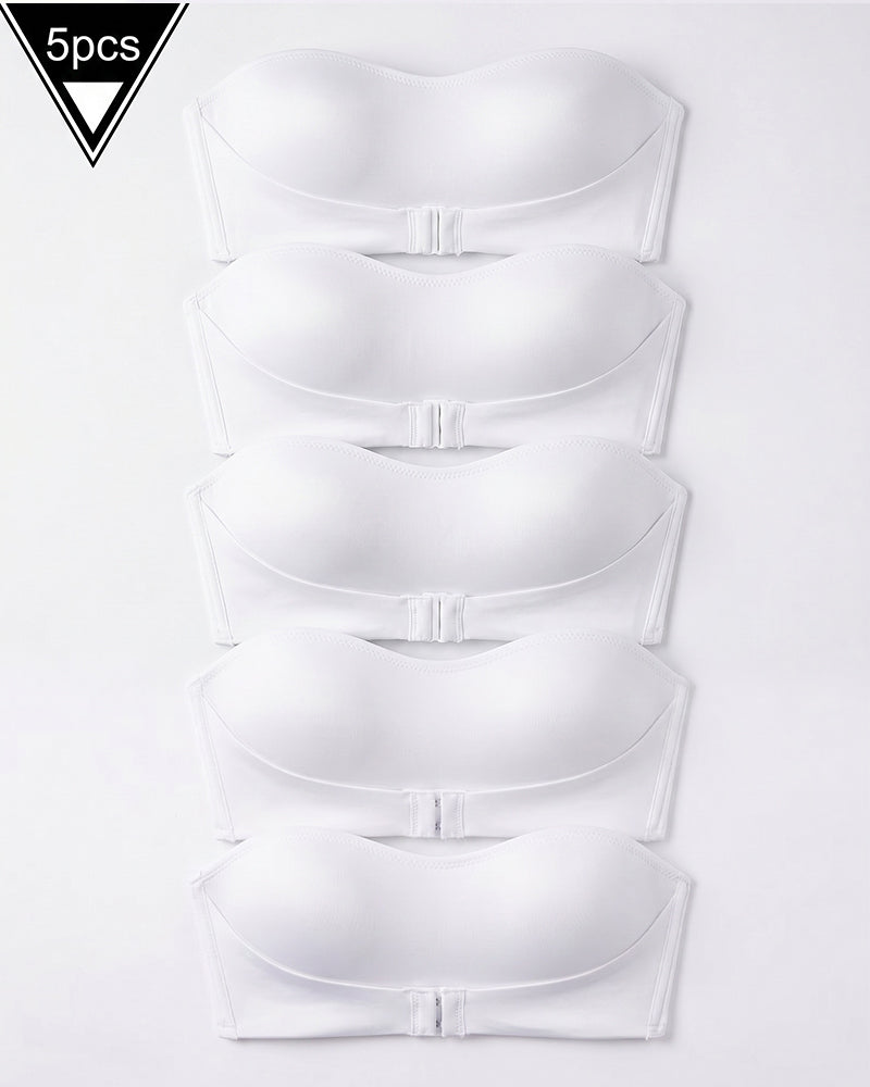 White strapless bandeau top with front buckle closures, set of 5 stacked