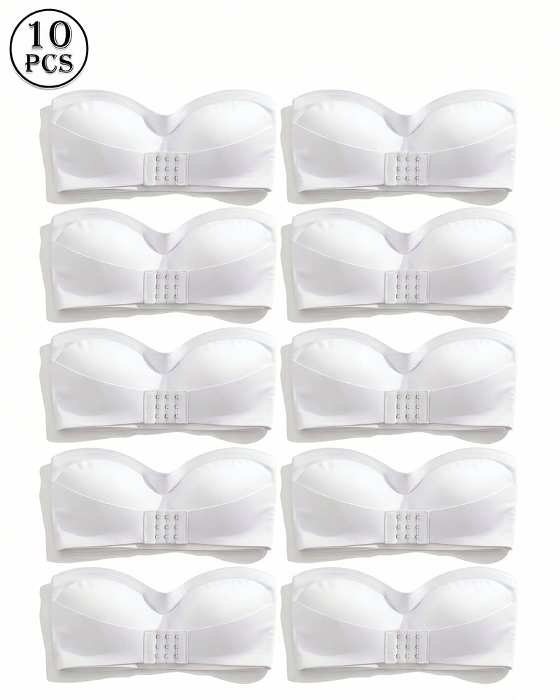 White strapless bandeau top set, 10 pack with hook-and-buckle closure