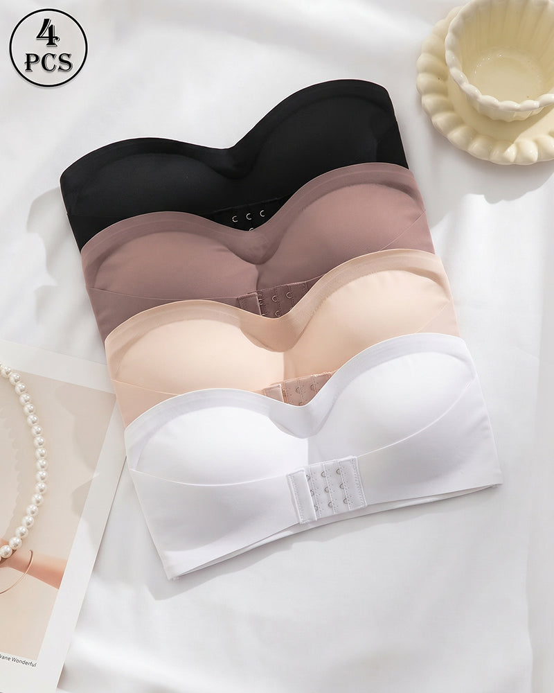 Assorted strapless bandeau top set, 4 pack in black, nude, blush, and white