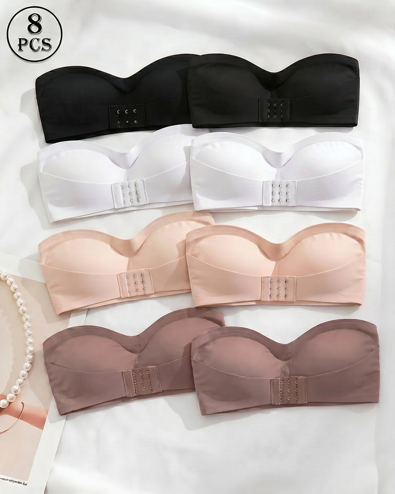 Assorted strapless bandeau top set, 8 pack in black, white, beige, and blush
