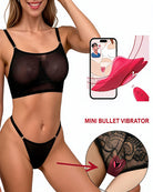 Black mesh camisole bra and thong set with mini bullet vibrator inset