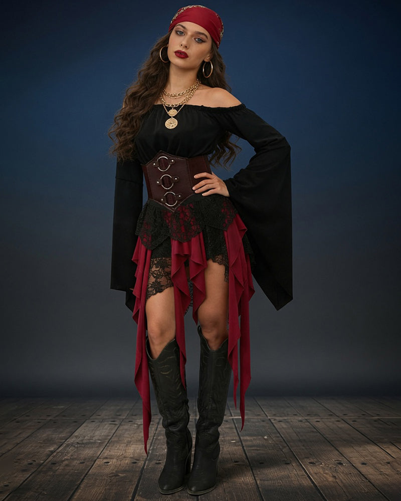 Pirate off-shoulder dress costume with red headscarf, corset belt, and layered red skirt