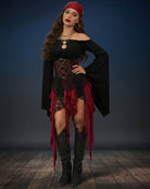 Pirate off-shoulder dress costume with red headscarf, corset belt, and layered red skirt
