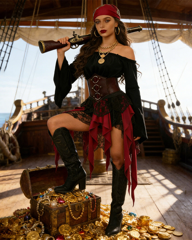 Pirate costume dress with black off-shoulder top, brown corset belt, and red ruffle skirt