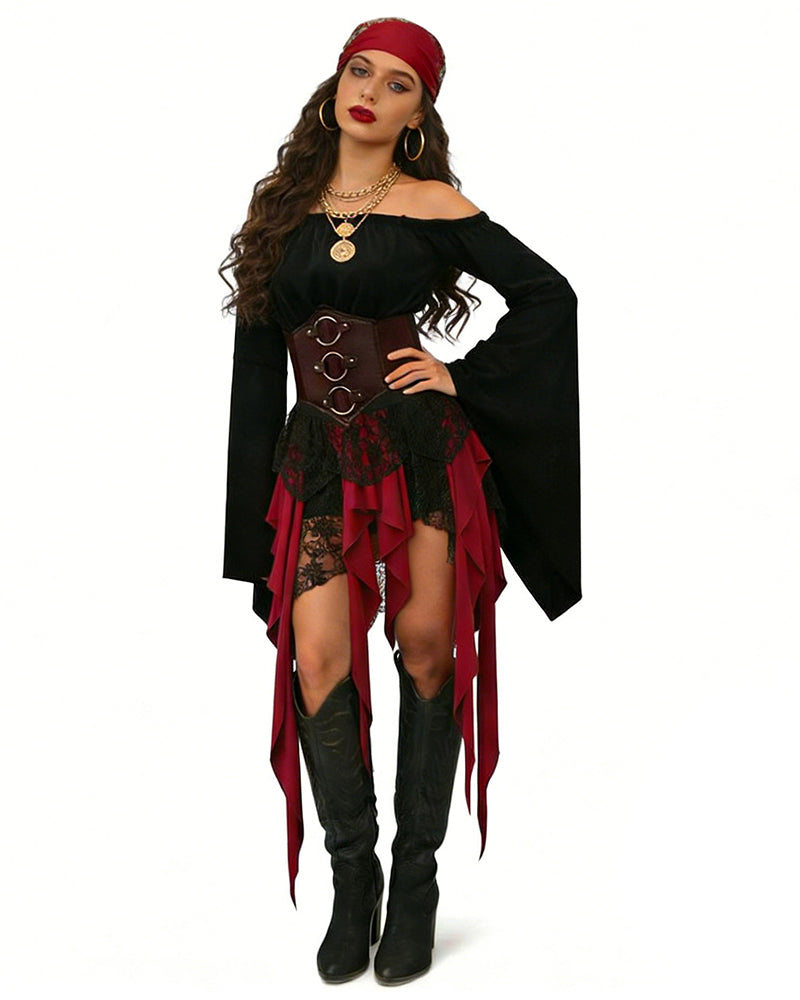 Pirate costume dress with red headscarf, black off-shoulder sleeves, corset belt, and red skirt