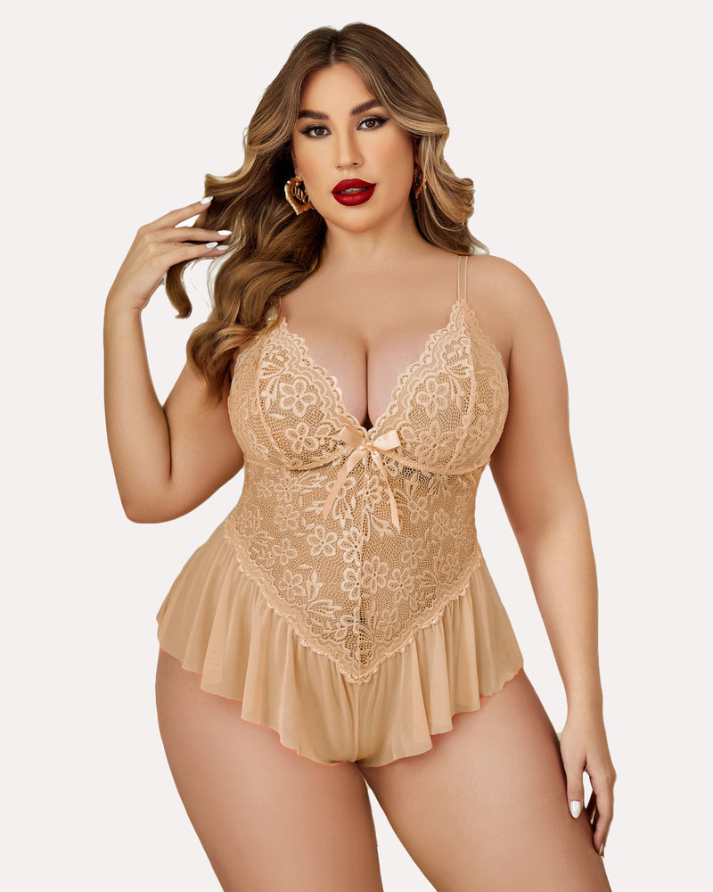 Plus size lace teddy bodysuit, camel lace V-neck with bow and ruffled tulle hem