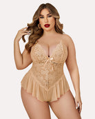 Plus size lace teddy bodysuit, camel lace V-neck with bow and ruffled tulle hem