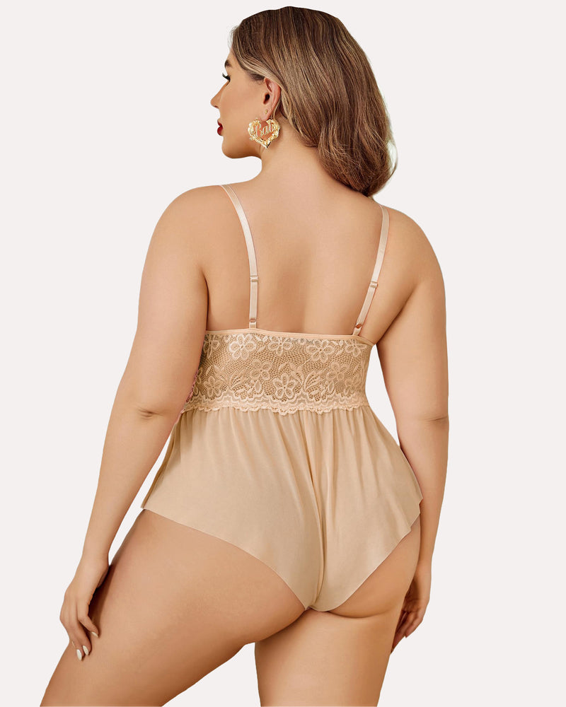 Plus size lace teddy bodysuit, camel back view with adjustable straps and sheer mesh brief