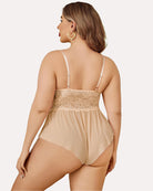 Plus size lace teddy bodysuit, camel back view with adjustable straps and sheer mesh brief