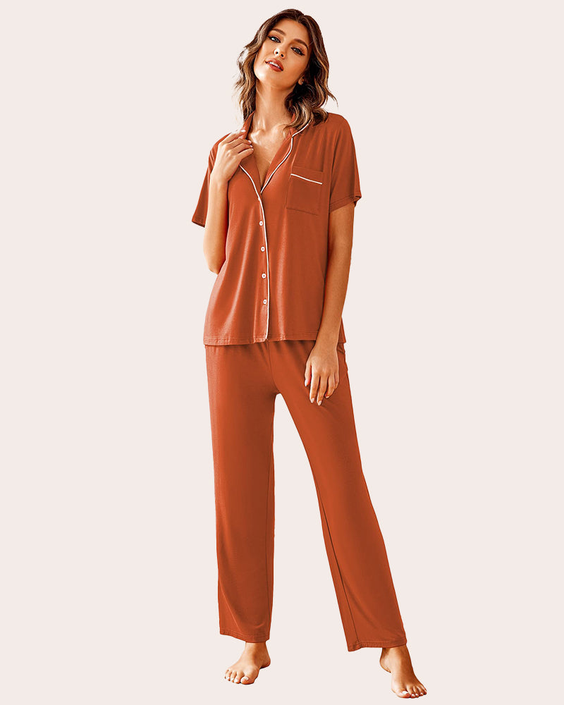 Women's rust notch-collar pajama set with short-sleeve button top and long pants.