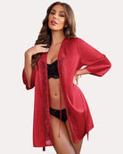 Red satin kimono robe with lace V panel and waist tie, front view