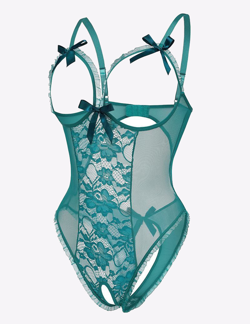 Teal lace cut-out cup bodysuit with bow straps, sheer lace front, thong back