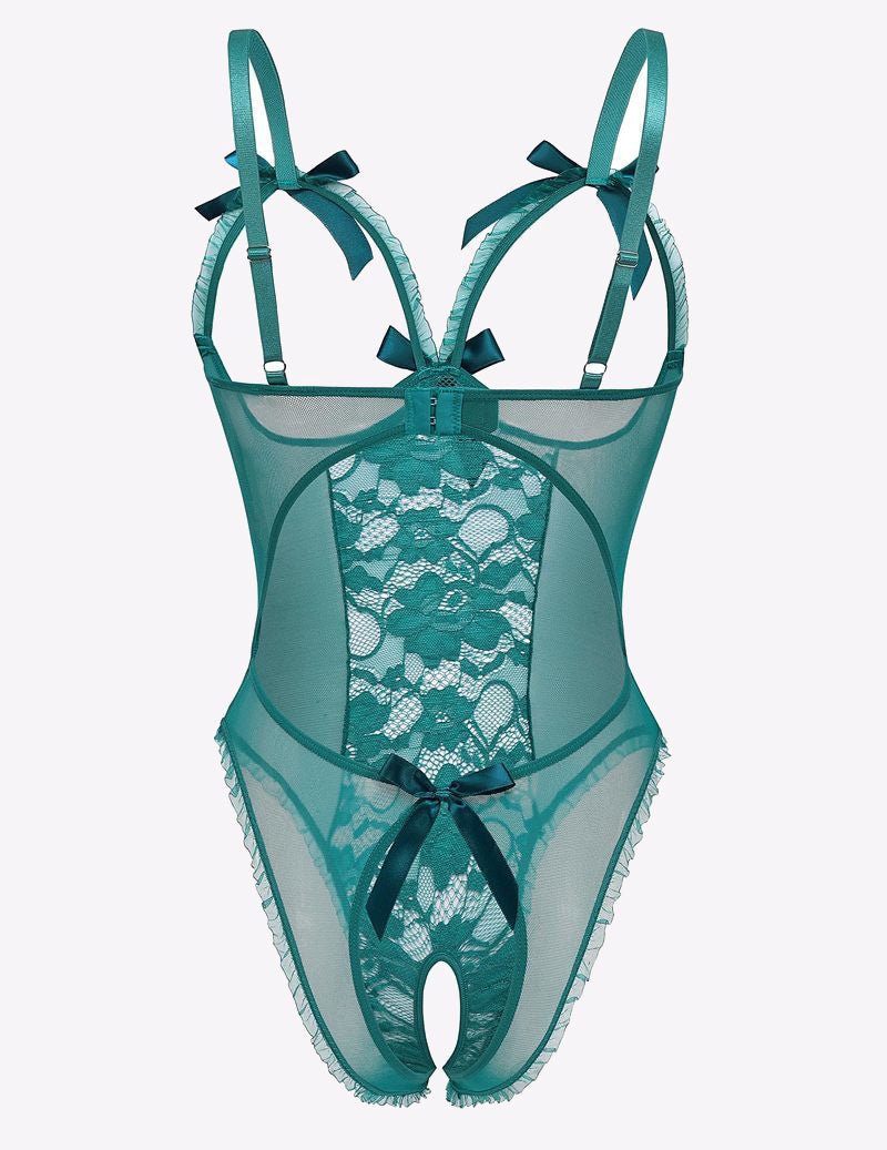 Deep teal lace cut-out cup bodysuit with bow straps and sheer mesh panels, thong