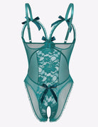 Deep teal lace cut-out cup bodysuit with bow straps and sheer mesh panels, thong