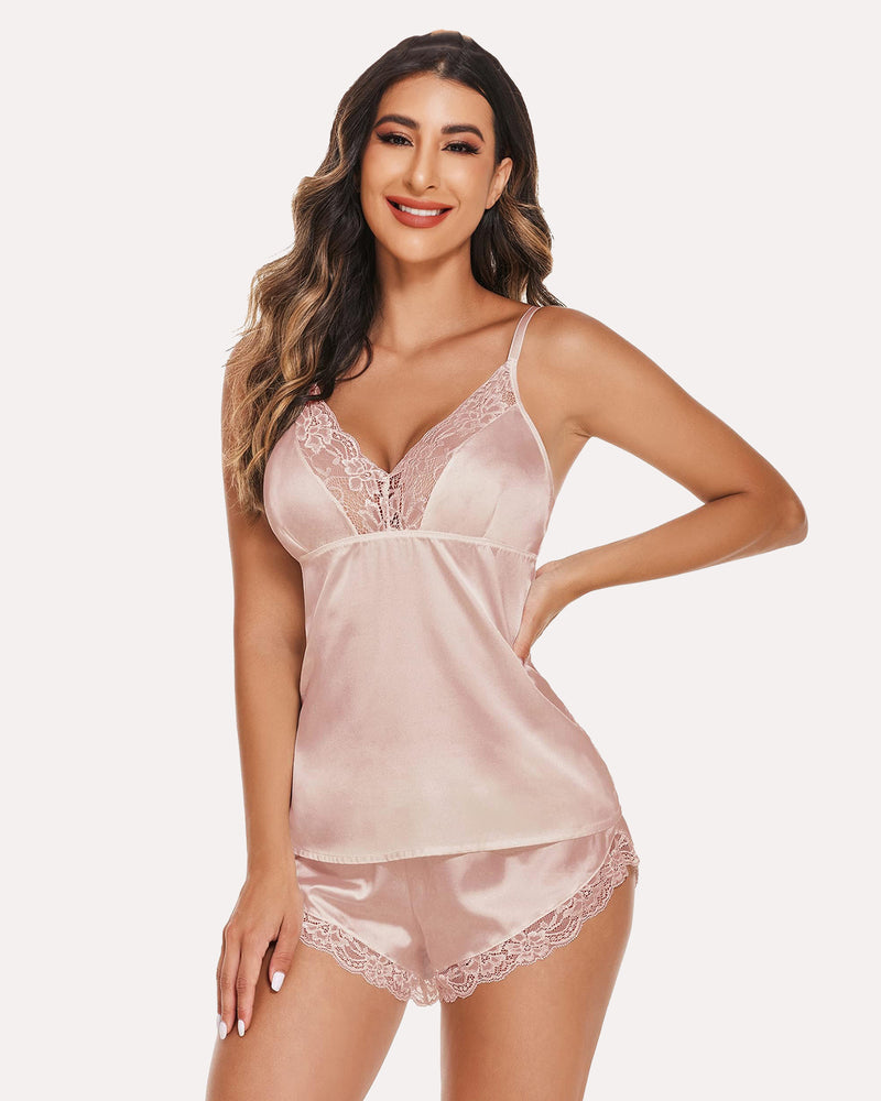 Champagne satin pajama camisole with lace trim and matching shorts