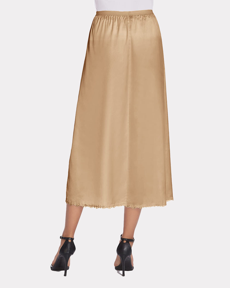 Champagne satin half slip lace long underskirt with elastic waistband and scalloped lace hem