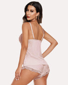 Satin pajama cami and shorts set with lace trim, pale pink, back view
