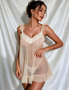 Champagne sheer chiffon babydoll with lace V-neck, ruffled straps, and hem