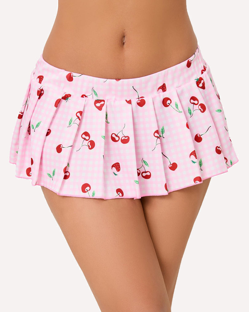 Pleated ruffle mini skirt in pink with cherry print and wide gathered waistband