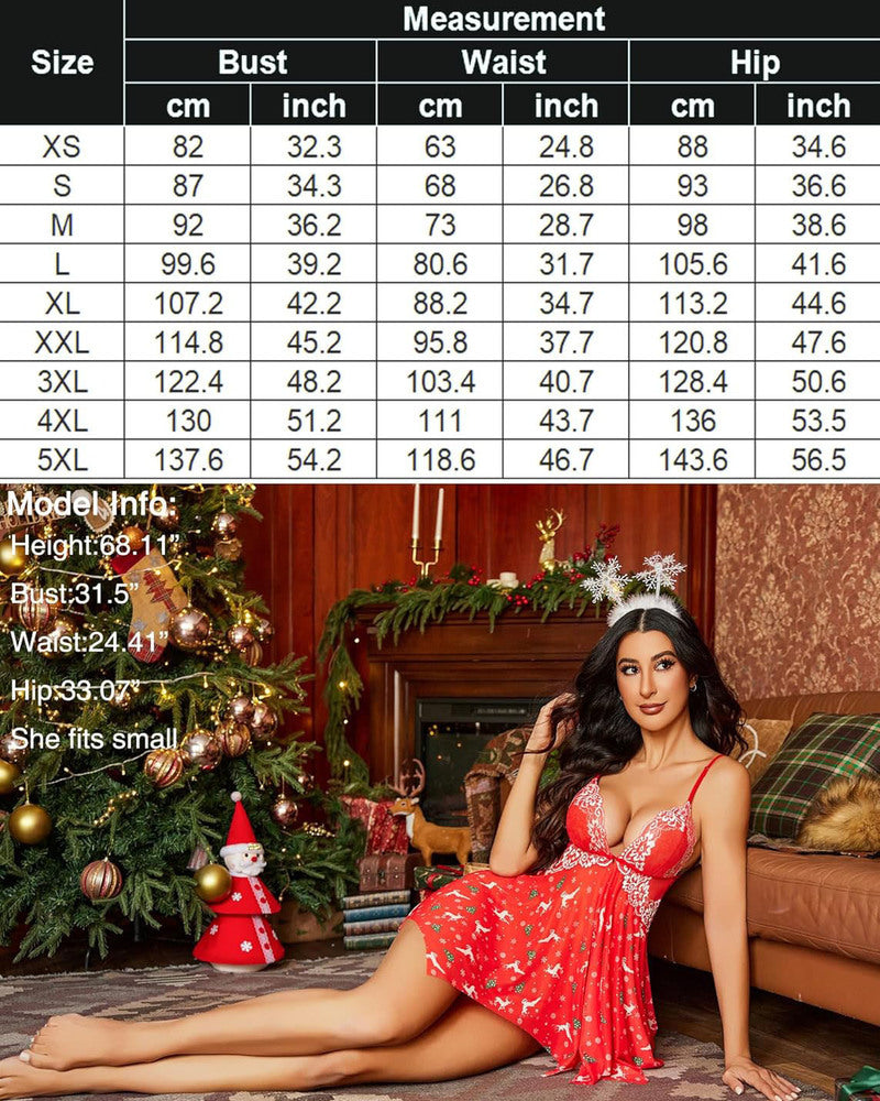 Red lace-trim babydoll nightdress with snowflake print and thin straps