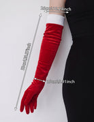 Long red velvet glove with white cuff and measurement labels