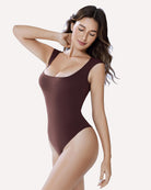 Square-neck soft body suit shapewear in dark brown, sleeveless with high-leg cut