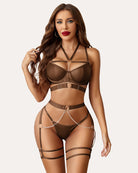 Brown leather push-up bra with chain harness and matching garter set