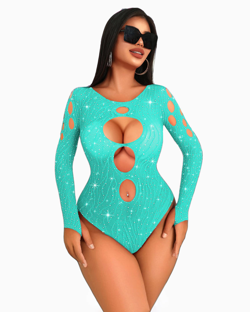 Teal rhinestone mesh bodysuit with oval cutouts and long sleeves