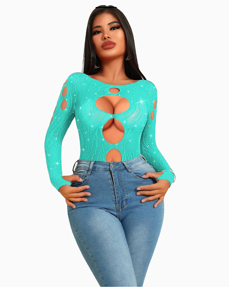 Teal rhinestone mesh bodysuit with large back cutouts and long sleeves