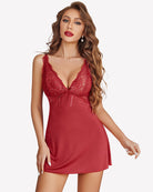 Wine red modal lace sleep dress with V-neck lace bodice and thin straps