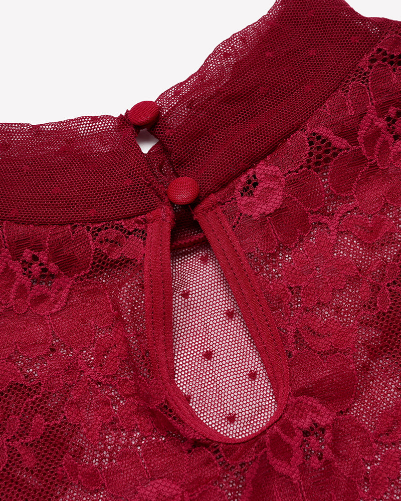 Wine red lace turtleneck bodysuit close-up with buttoned shoulder strap