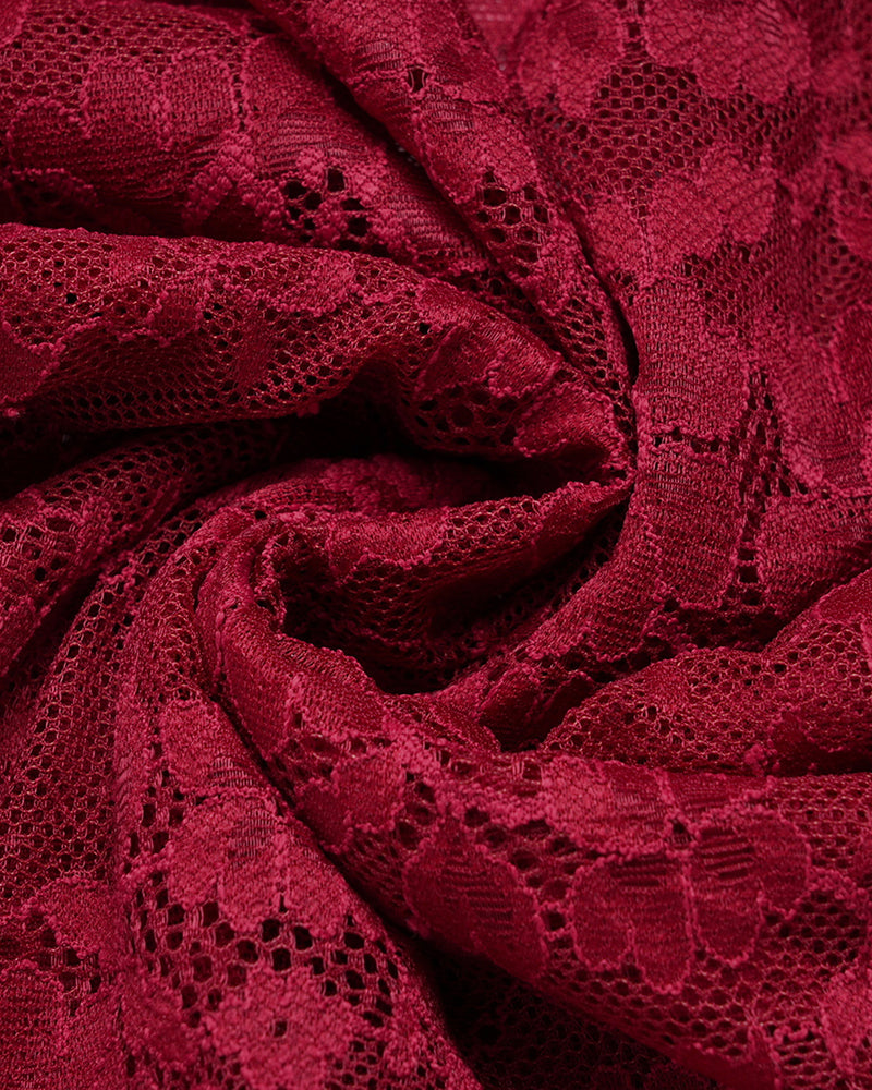 Wine red lace fabric texture close-up with scalloped floral pattern